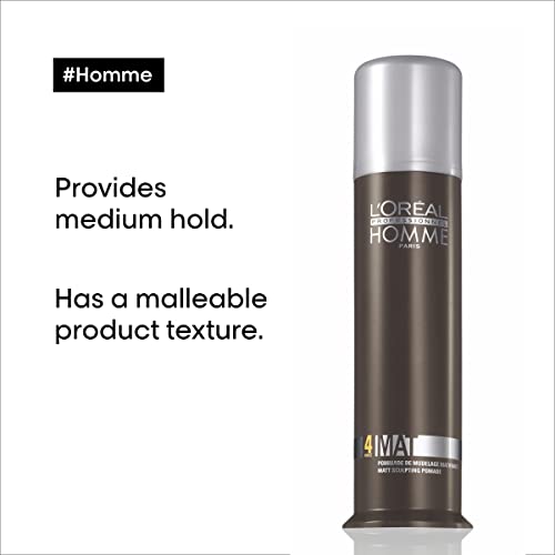 L'Oréal Professionnel Men’s Styling Pomade - For All Hair Types, Provides Medium Hold and Matte Finish
